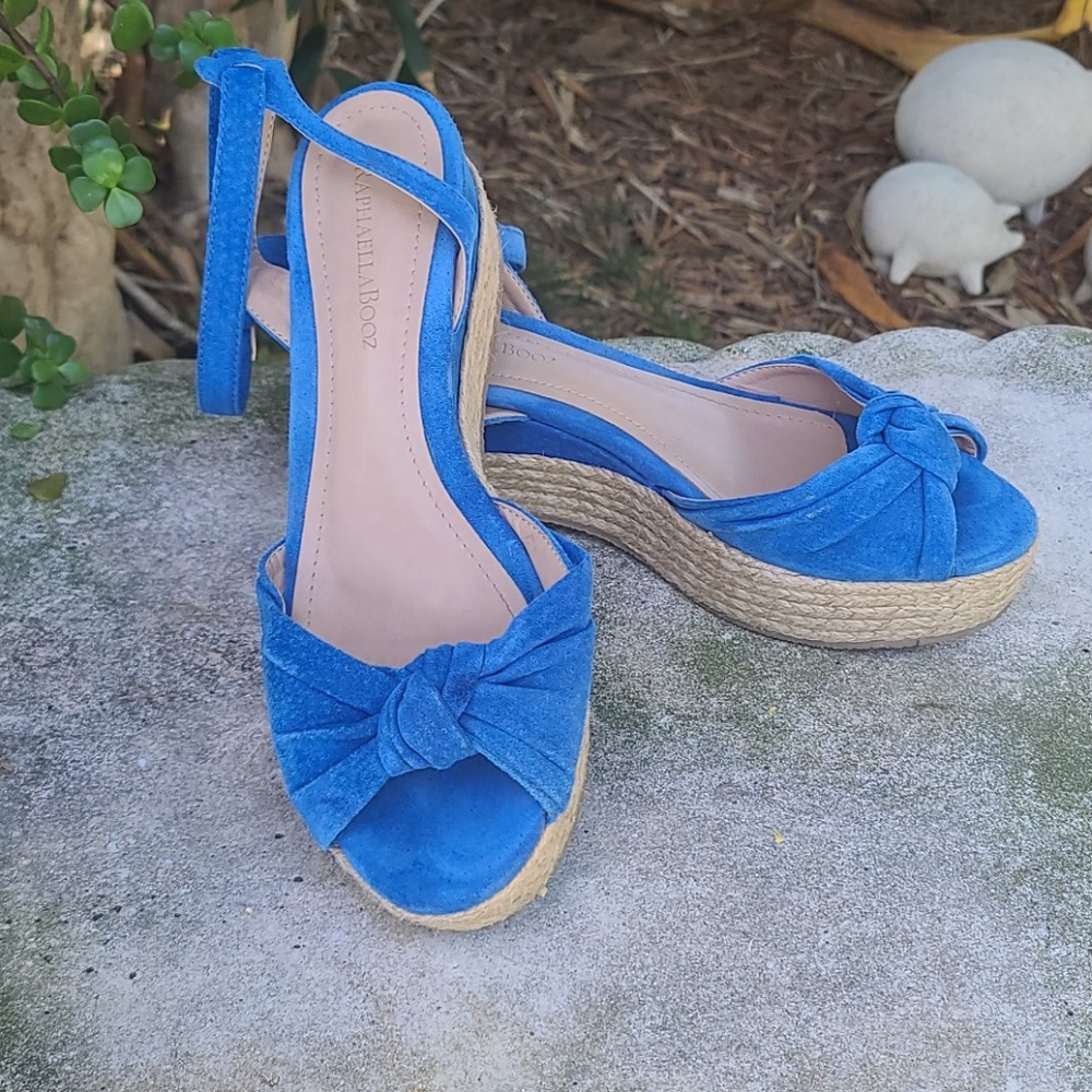Anthropologie Cobalt Blue Suede Knotted Espadrille Wedge Sandals